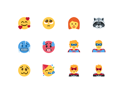 Faces of Unicode 11 cold face emoji faces hot face illustration party face raccoon redhead superhero supervillain twitter woozy face