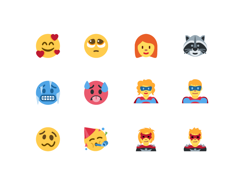 Faces of Unicode 11 supervillain superhero raccoon redhead woozy face party face cold face hot face illustration faces emoji twitter