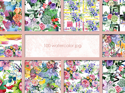 100 Patterns of Flower Bouquets JPG Watercolor Set Illustration blogs diy flower greeting cards illustration jpg menu patterns posters quotes watercolor watercolor bundle