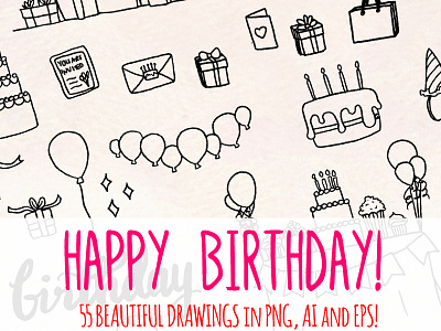 Birthday Party 55 Vector Line Art Sketches Illustration