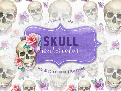 Cool Skull Print PNG Watercolor Creative Set Illustration borders flowers frames patterns tattoo watercolor watercolor bundle