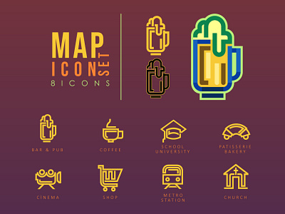 Map icon set bakery beer church coffee colorful geometry icon icon set logo logos map maps metro pictogram pictograph school vector