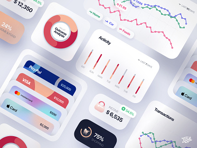 Freebie — Finance Interface Elements app card chart charts clean credit card download elements free freebie icon icons illustration minimal mobile paypal piechart ui uikit ux