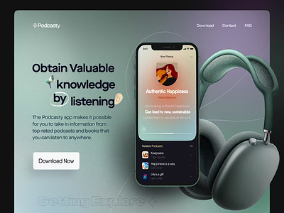 📢 Podcasty – Landing page animation app branding design effect figma hero section icon illustration iphone landing page minimal mockup music podcast typography ui ux vector wireframe