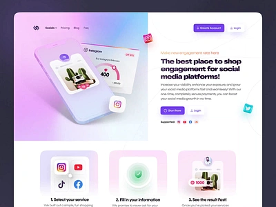 Landing page - Social Media website 3d after effect animation ecommerce engagement facebook figma gradient homepage instagram landing page mockup social social media twitter typography ui ux web design website