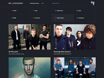 Music Discovery Platform categories dashboard discovery filter grid list music platform sort
