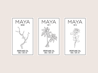 Maya Fragrances Labels beauty branding cosmetics design e commerce floral flower flowers graphic design label package design packaging palm tree perfume rose roses tree