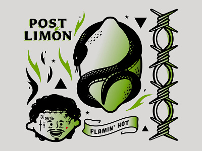 Post Limón Sheet barbed wire chip chips face flame lemon lettering lime snake