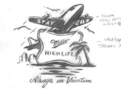 ALWAYS ON VACATION airplane beer clouds leisure miller miller high life plane sketch vacation water