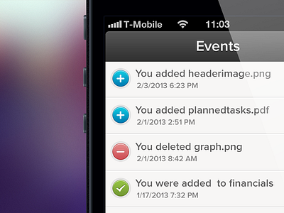 events page - ios app. blur blurred clean grey icon interface ios ipad iphone list navbar page photo shopping