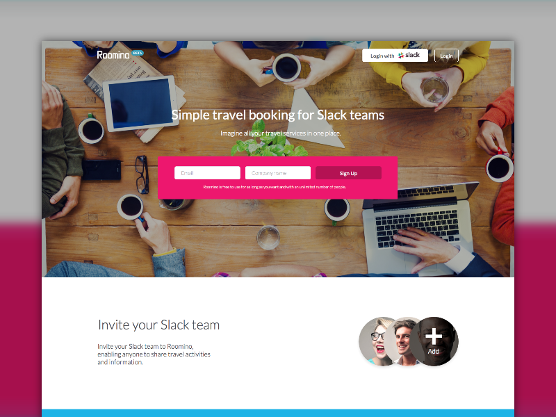 Roomino landing integrate slack book booking clean landing made with invision made with sketch roomino slack ui ux web design