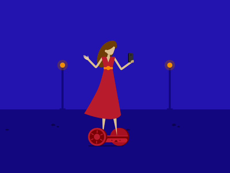 Segway girl animation blue girl like red dress scooter segway selfie