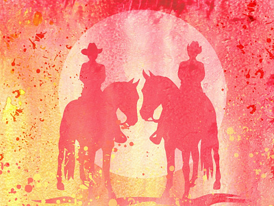 Couple Riding Horses Warm Watercolor animal cowboys equestrian equine horse illustration western