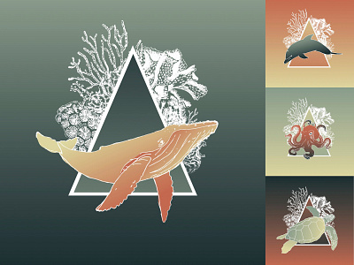Sea Creature Icon Set animals design gradient color linework sea triangle vector