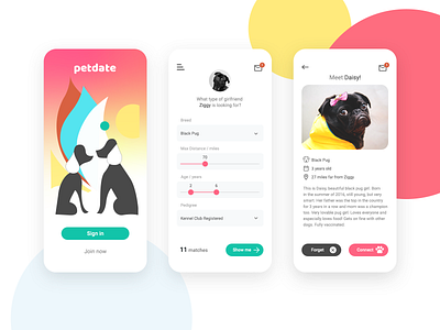 Petdate app dating app dog dogs filter mobile pets profile ui design ux design