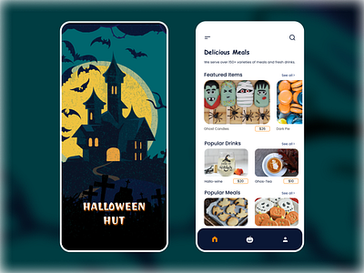 Halloween Hut Mobile App UX-UI Design app cookies design drink food ghost halloween hut illustration meals mobile mobile app mobile app design mobile design monster theme ui ux