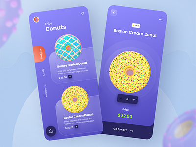 Donut App - UI Design app cart challenge clean delivery design donut download food glassmorphism illustration mobile price rating shop sketch snack sprinkles ui web