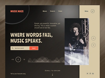 MUSIC MAZE - Web Music Player Concept app branding clean colors dark event gradient hero section illustration landing page minimal mobileapp music music player retro song ui video webflow website