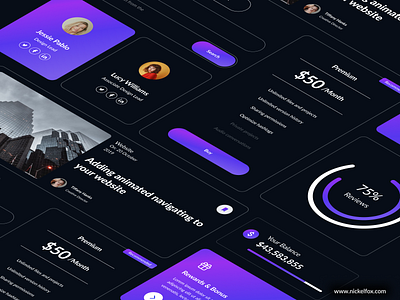 Dark UI Components for Website calender cards chart component dark theme dark ui design system fields filter form freebie interface menu mobile app nft tabs ui ui kit web design widgets