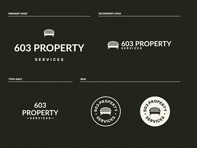 603 Property Services | Brand ID System badge bench brand brand identity brand identity system branding elegance icon identity system landscape design logo mark seal secondary logo set submark typogaphy