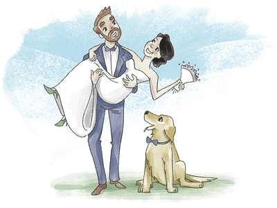 Wedding bride dog golden retriever groom painting watercolor wedding