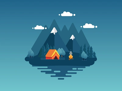 Night Summer Camp Landscape illustration bonfire cloud colorfull creative fire flat flat design flat illustration illustration landscape landscape illustration mountain nature illustration river shutterstock summer camp summercamp tree vector water