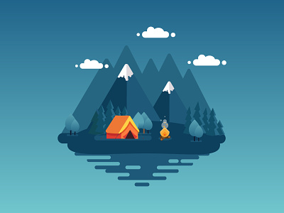 Night Summer Camp Landscape illustration bonfire cloud colorfull creative fire flat flat design flat illustration illustration landscape landscape illustration mountain nature illustration river shutterstock summer camp summercamp tree vector water