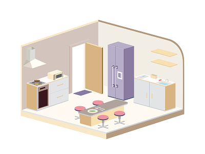 Isometric Kitchen interior 3d chair cooking creative door flat food fork illustration isometric isometric design isometric illustration kitchen knife oven plate rack refrigerator table vector