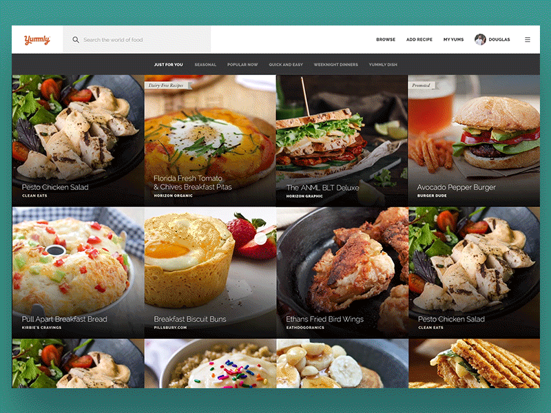 Home to Recipe Detail Transition animation columns flat food grid interaction modern web yummly