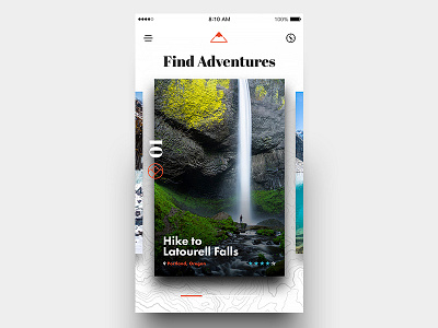 Find Adventures adventure cards clean explore mobile shadow texture ui ux waterfall