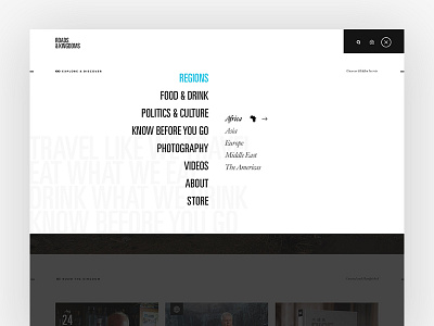 R&K Nav clean journalism modern nav takeover overlay travel ui ux visual design web design