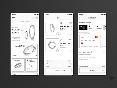 Jewelry store — mobile screens card cart checkout credit card design interface jewellery jewelry mobile no color payments rings shop shopping cart store ui ux web design