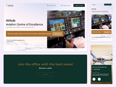 Landing page UX / UI for aviation training organization aviation landing page aviation school ui aviation ui gold green hero image landing page cta landing page ui lead generation ui