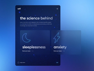 Sofi - Sleeplessness & Anxiety anxiety blur card design cards dark figma glass glass design glassmorphism gradients health noise responsive sleeplessness sofi stress tablet typography ui website