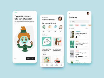 Self-Care App app beauty beauty care care figma illustration app interface podcast take care of yourself uiux web design yoga