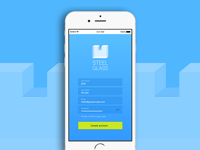 Daily UI Challenge :: 001 :: Sign up form for STEEL GLASS blue brand branding daily 100 daily 100 challenge daily ui dailydesign dailyui form gradient interface login mobile register signin signup signupform smartphone uidesign userinterface