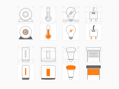 Set of icons application connected object construction icons line mobile orange wireframe