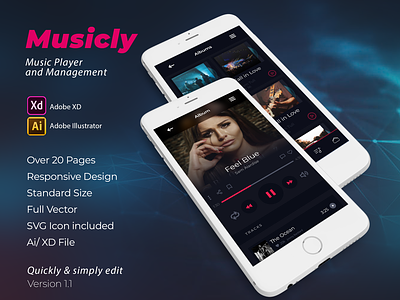 Musicly - Music Player Application android app app design app kit app menu app ui artist button buttons design element flat graphics interface ios iphone login mobile modern