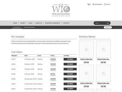 Whisky International Online - Wireframes User Dashboard app brand branding design developer graphic mobile motion product site ui ux web website wireframe wireframe design wireframe page