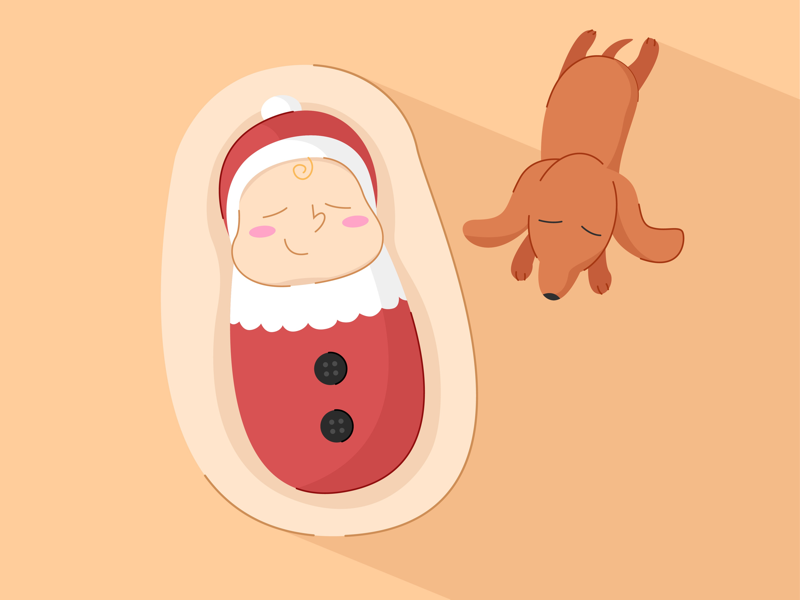 Baby sleeping with a puppy in christmas illustrator funny cute merrychristmas baby pets design flatart christmas illustration