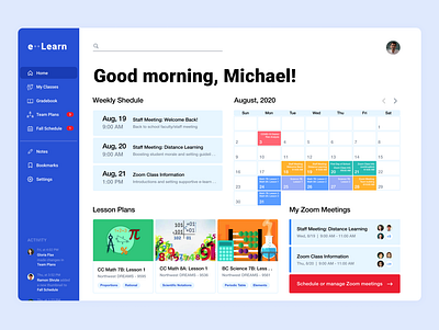 Distance Learning Dashboard for Educators calendar dashboard concept distance learning education figma product design task management ui design visual design zoom meeting