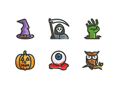 Halloween icons for Free! grim halloween icon iconography illustration owl pumpkin reaper spooky witch zombie