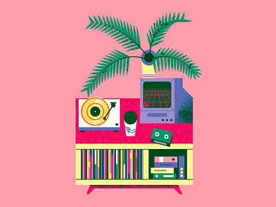 Turntable setup for July art design flat illustration illustration music art retro setup summer texture turntable vaporwave vector vinyl