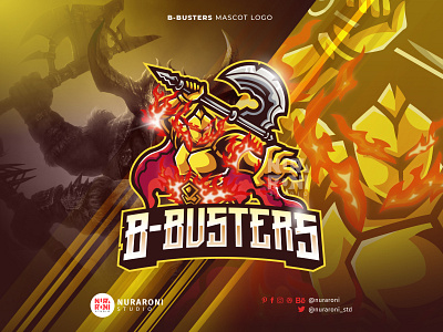 B-Busters 🪓🗡 - Gold Knight Mascot Logo axe branding cartoon cavalry character chivalry crusader design esport game gaming gladiator illustration knight logo logo designs mascot mascot logo paladin vector