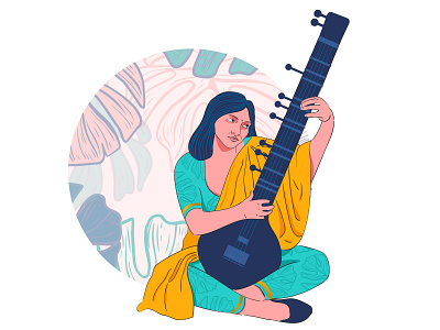 Lady With Sitar character concept design flat illustration vector