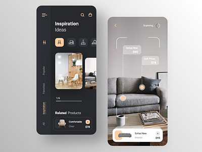 Furniture Shop App adobe xd ar black dark mode design figma furniture interior minimal mobile app prototype shopping app sketch ui uidesign userinterface ux uxdesign vr web