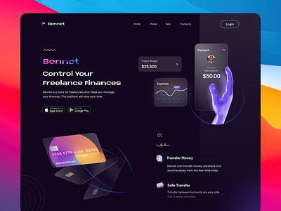 Bennet Landing Page app application bank bank app banking card dark design figma finance fintech freelance freelancer landing minimal payment ui ux web website