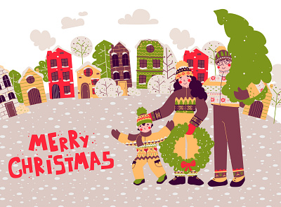 Christmas cards cartoon child christmas card christmas flyer christmas tree flat illustration vector