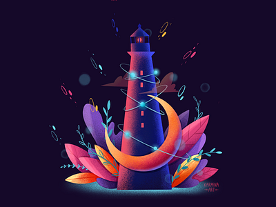 Lighthouse art colorful design illustration illustrator landing landing page lighthouse modern moon neon neon colors procreate