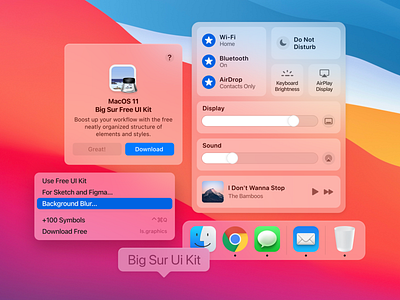 MacOS 11‍ Big Sur Free UI Kit alerts big sur blur design system dropdown interface macos macos big sur menu shades transparency ui kit widget